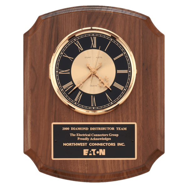 10 1/2" x 13" Walnut Quartz Clock, Brass Diamond Spun Bezel, Glass Lens, Black & Gold Dial