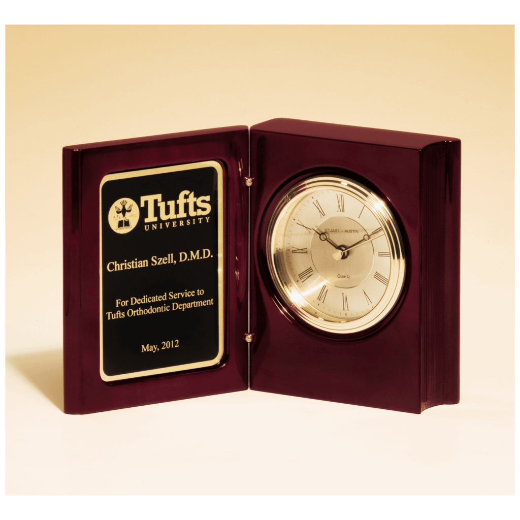 5 3/8" x 4 1/4" Rosewood Piano Finish Book Clock w/Diamond Spun Dial, 3 Hand Movement, Plate