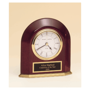 5 5/8" x 5 7/8" Rosewood Piano Finish Arched Table Clock with Solid Brass Base with Black Plate
