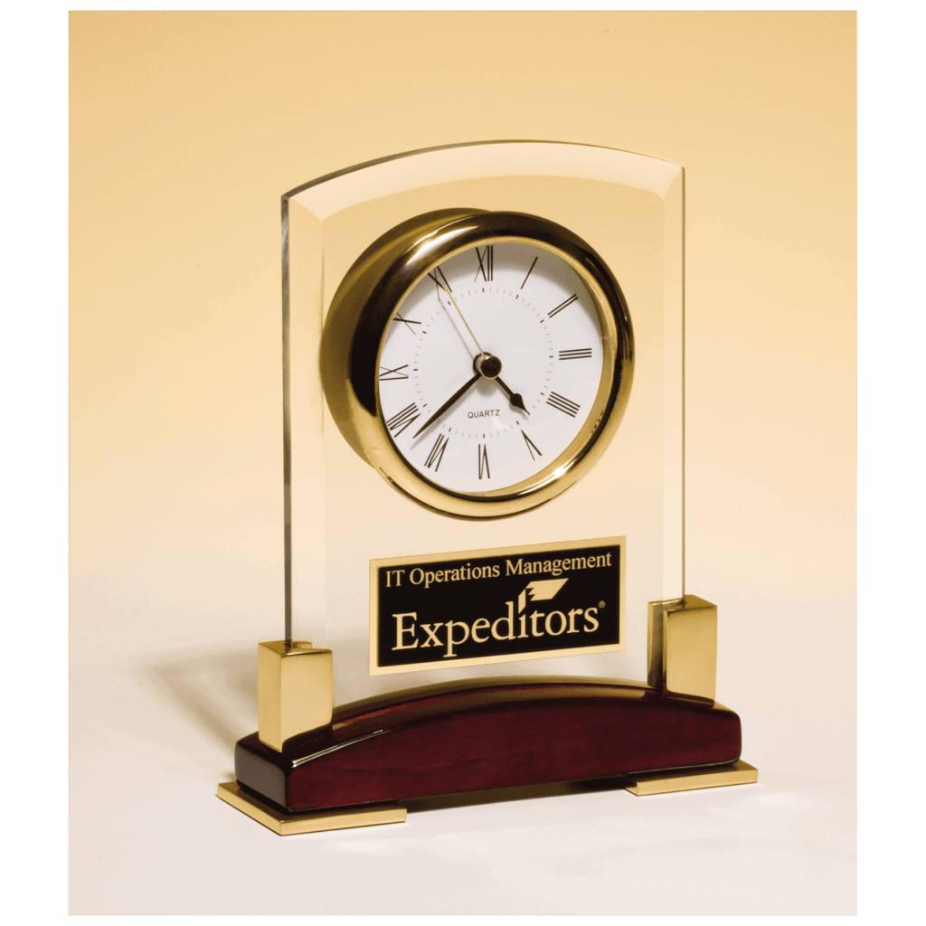6 x 7 3/4" Beveled Glass Desk Clock, Rosewood Piano Finish Base, Gold MetalAccent with Black Plate