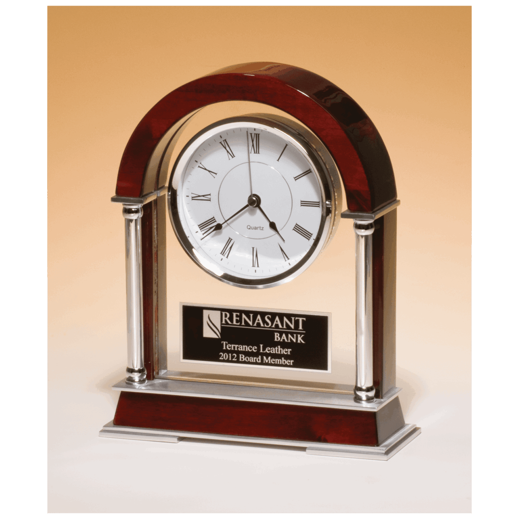 8 1/2" x 10 1/2" Rosewood Piano Finish Mantle Clock, Chrome Plated Posts, Silver Accents with Black Plate