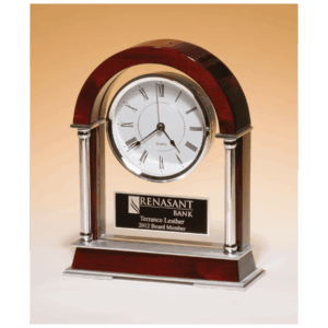 8 1/2" x 10 1/2" Rosewood Piano Finish Mantle Clock, Chrome Plated Posts, Silver Accents with Black Plate