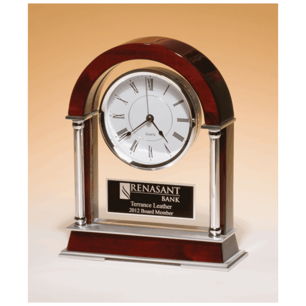8 1/2" x 10 1/2" Rosewood Piano Finish Mantle Clock, Chrome Plated Posts, Silver Accents with Black Plate