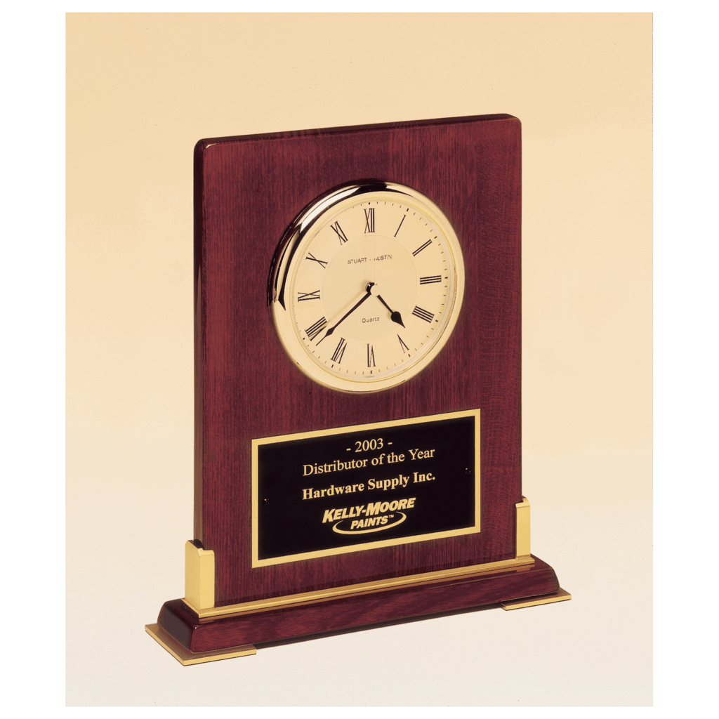 8 3/8" x 10" Desktop Clock, Rosewood Piano Finish Wood with Gold Metal Accents with Black Plate