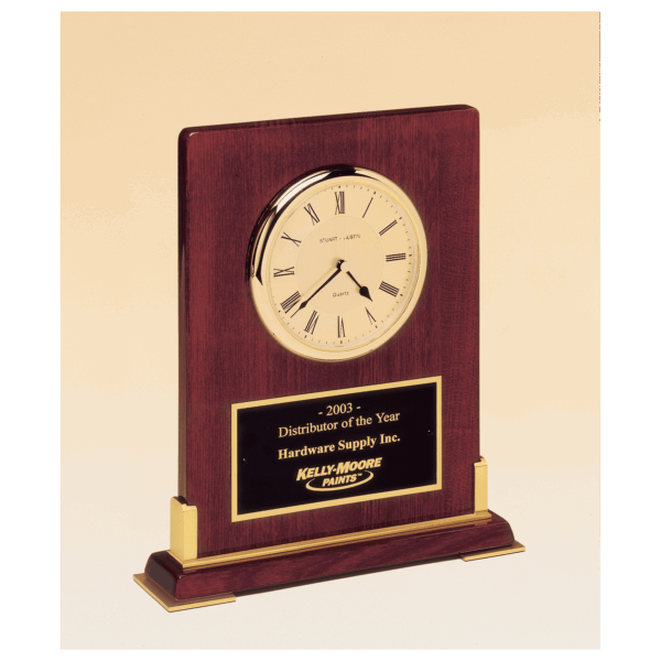 8 3/8" x 10" Desktop Clock, Rosewood Piano Finish Wood with Gold Metal Accents with Black Plate