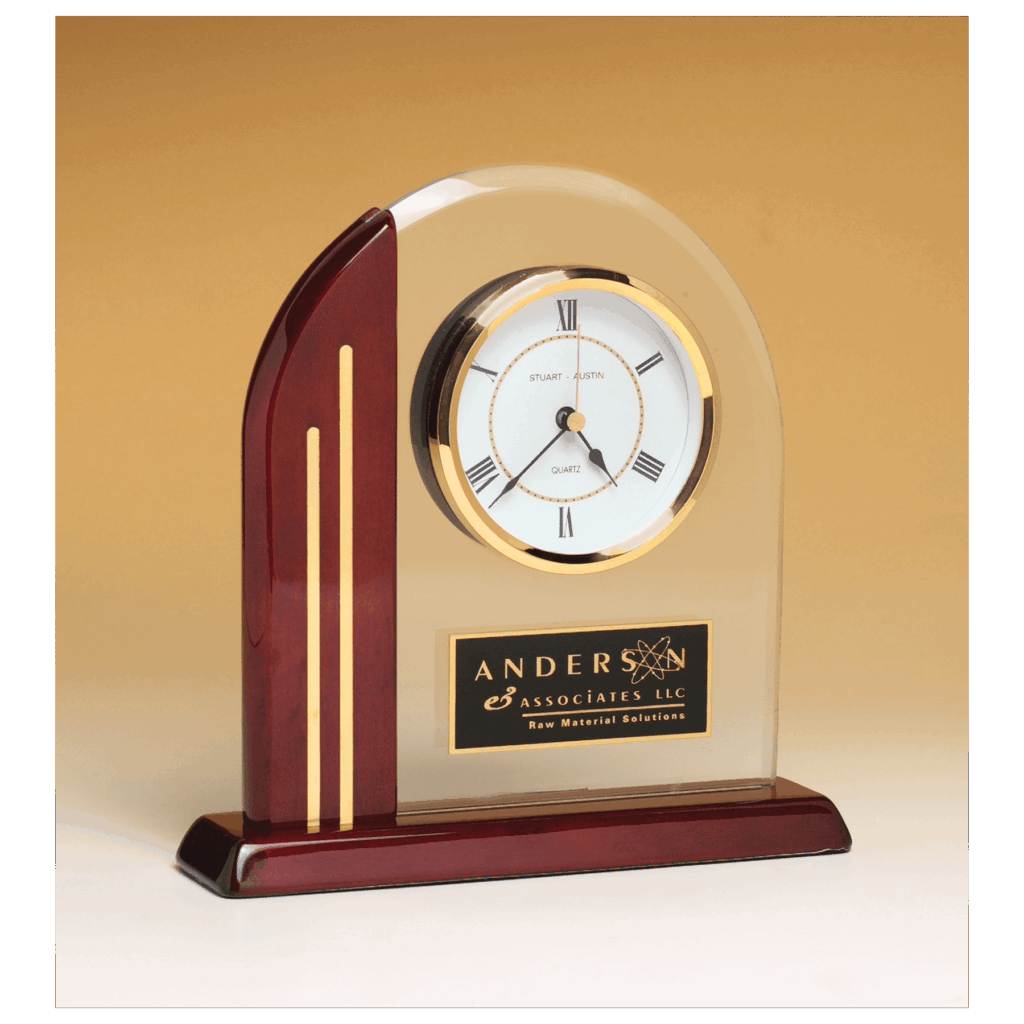 7 1/2" x 7 7/8" Arch Clock with Glass Upright and Rosewood Piano Finish Post and Base with Plate