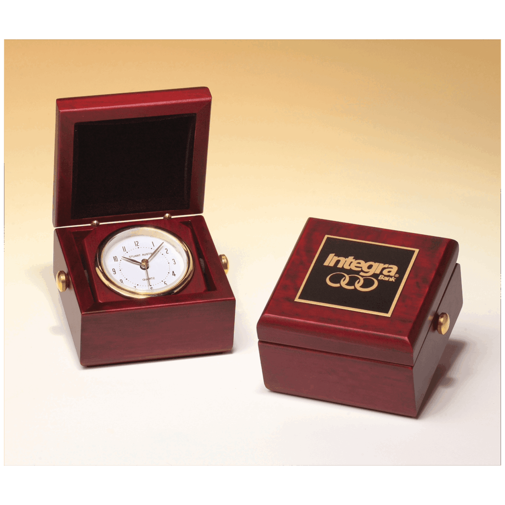 3 1/2" x 3 1/2" Hand Rubbed Mahogany Finish Box Clock, Metal Goldtone Knobs and Velour Lined Lid with Black Plate