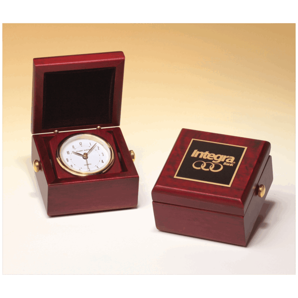 3 1/2" x 3 1/2" Hand Rubbed Mahogany Finish Box Clock, Metal Goldtone Knobs and Velour Lined Lid with Black Plate