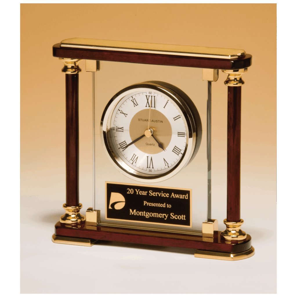 7" x 7" Glass and Rosewood Piano Finish Clock with  Gold Metal Accents and Black Plate