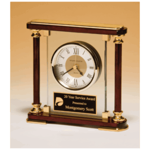 7" x 7" Glass and Rosewood Piano Finish Clock with Gold Metal Accents and Black Plate