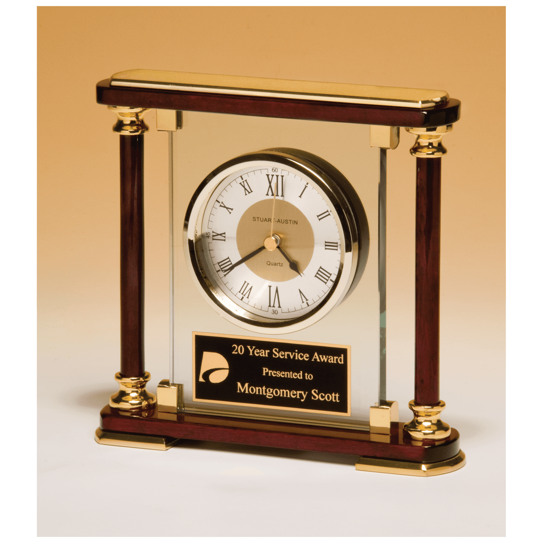 7" x 7" Glass and Rosewood Piano Finish Clock with Gold Metal Accents and Black Plate