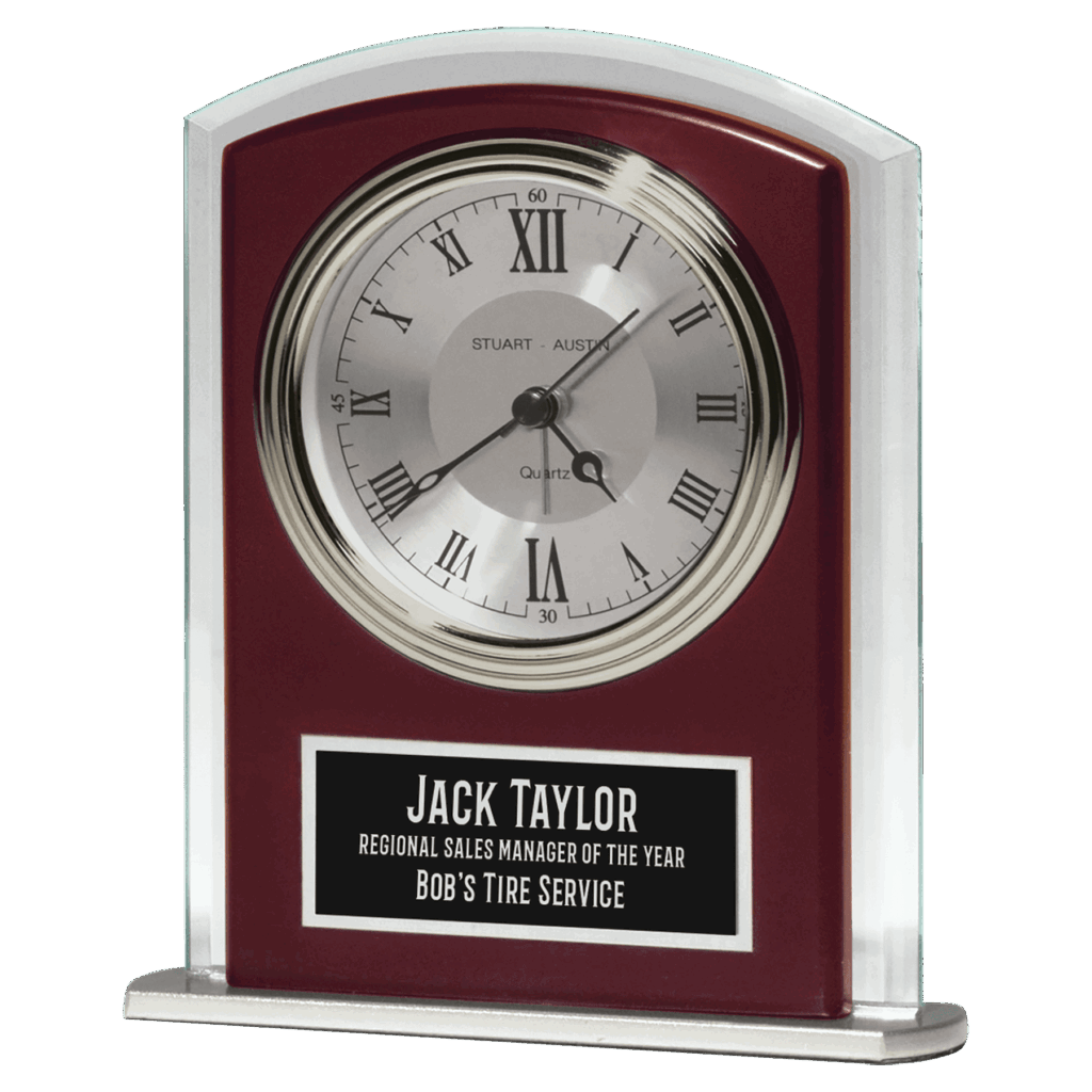 Rosewood Matte Finish Clock, Beveled Glass with Wood Accent, Silver Bezel and 3 Hand Movement, Black Plate