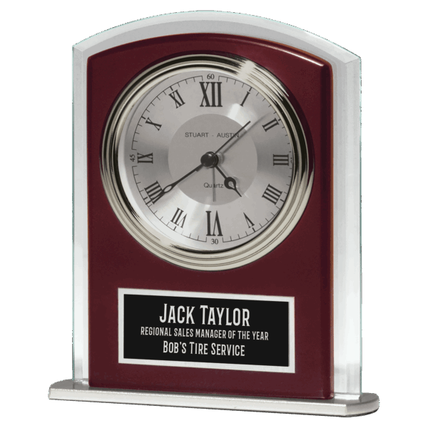 Rosewood Matte Finish Clock, Beveled Glass with Wood Accent, Silver Bezel and 3 Hand Movement, Black Plate