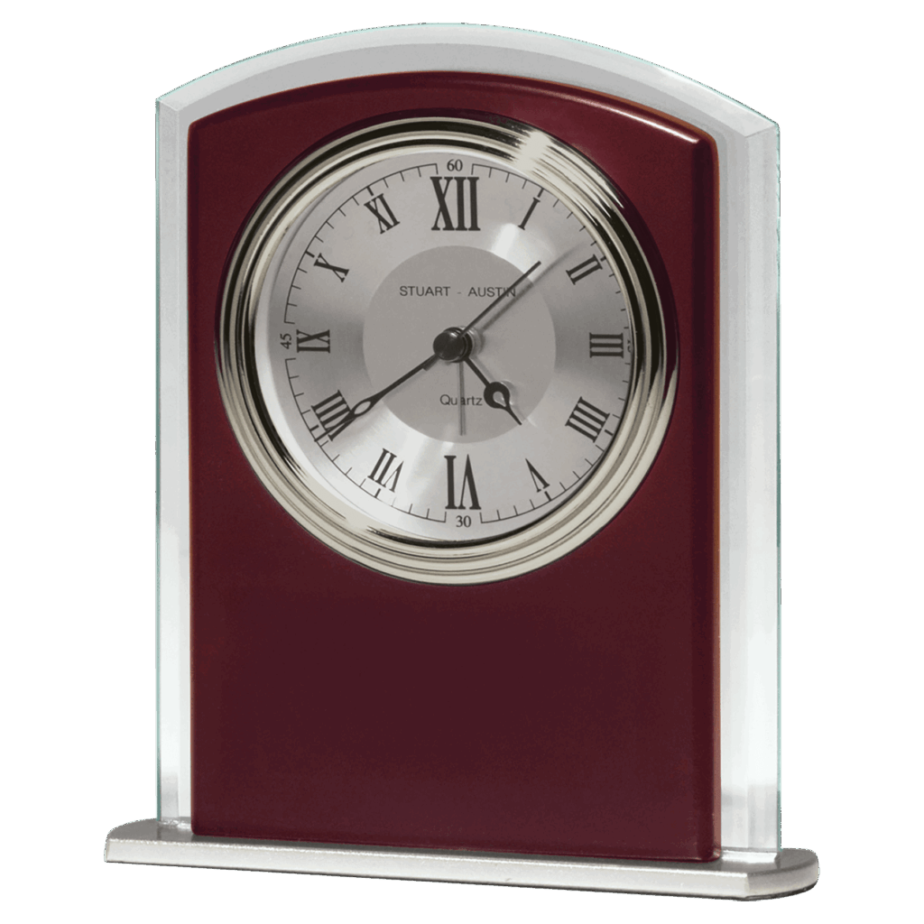 Rosewood Matte Finish Clock, Beveled Glass with Wood Accent, Silver Bezel and Dial, 3 Hand Movement - No Plate