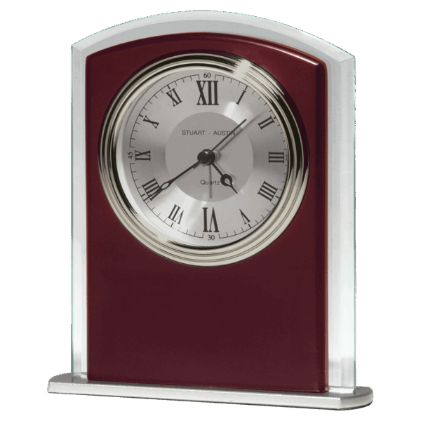 Rosewood Matte Finish Clock, Beveled Glass with Wood Accent, Silver Bezel and Dial, 3 Hand Movement - No Plate