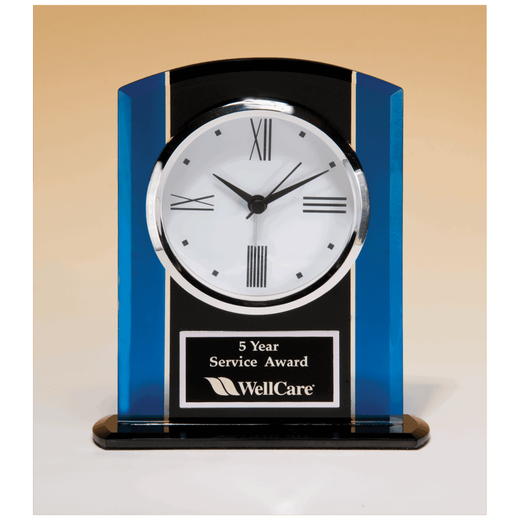 5 1/4" x 6 1/4" Black & Blue Glass Clock, Silver Bezel, Three Hand Movement with Black Plate