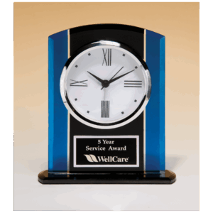 5 1/4" x 6 1/4" Black & Blue Glass Clock, Silver Bezel, Three Hand Movement with Black Plate