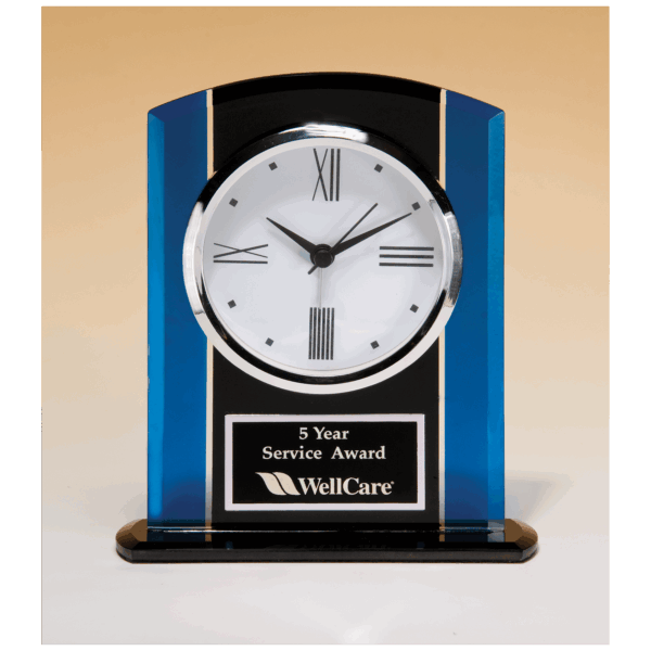 5 1/4" x 6 1/4" Black & Blue Glass Clock, Silver Bezel, Three Hand Movement with Black Plate