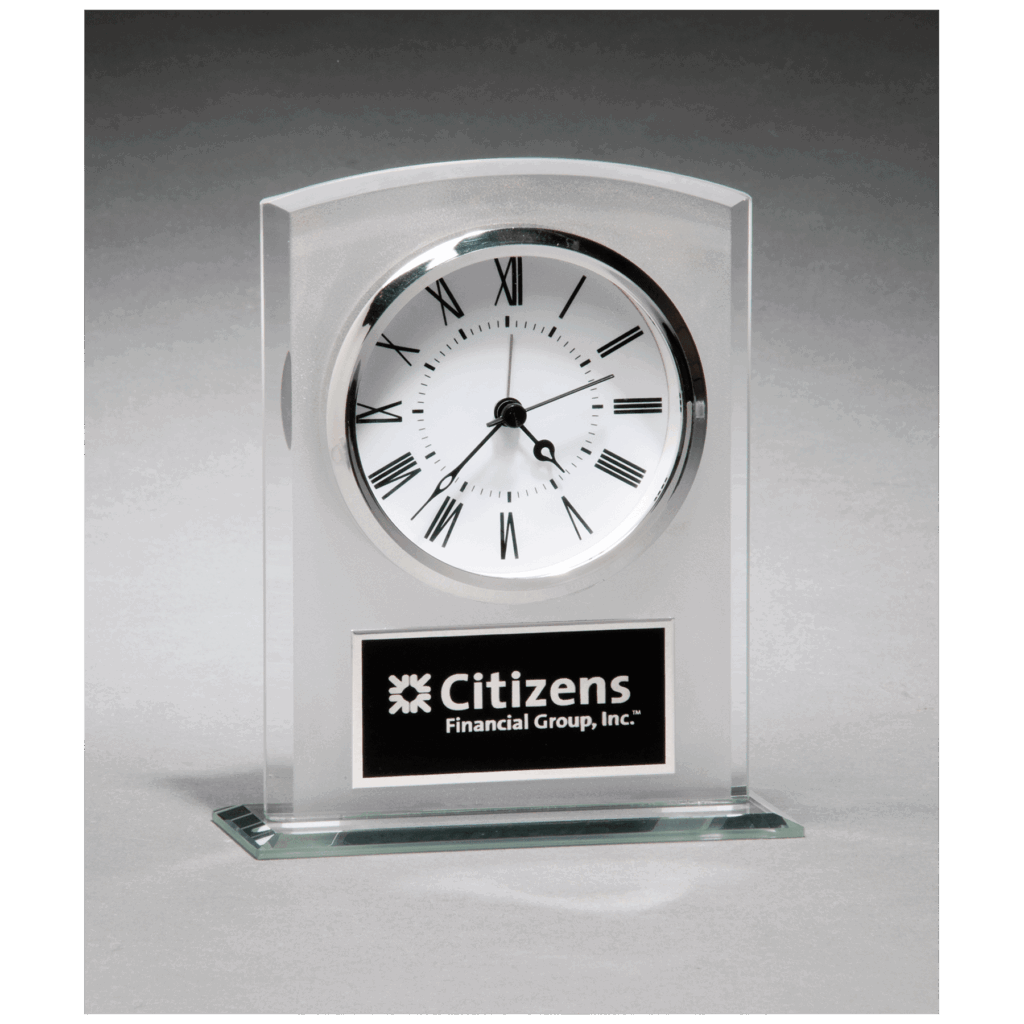5" x 6 1/4" Glass Clock with Frosted Top, Polished Edge and Base with Black Plate
