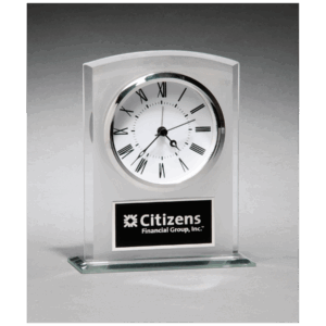5" x 6 1/4" Glass Clock with Frosted Top, Polished Edge and Base with Black Plate