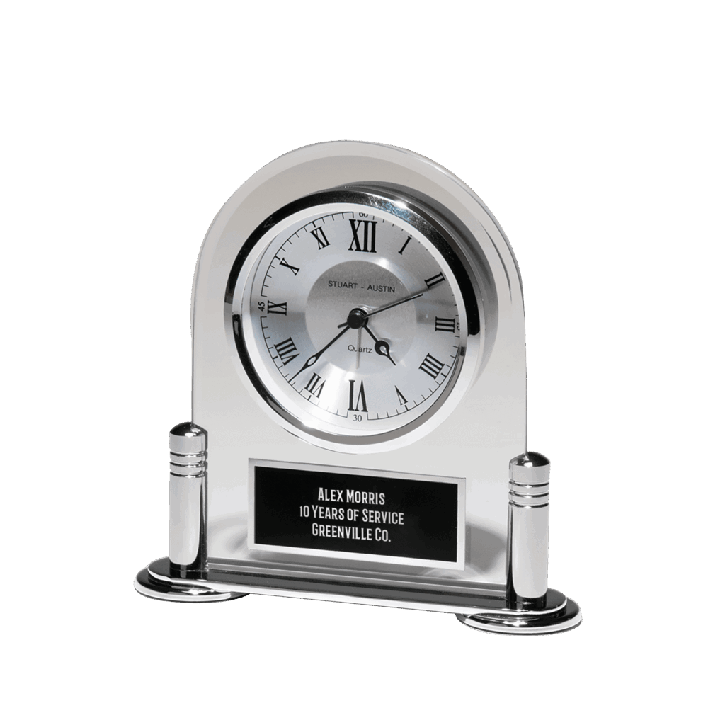 6 1/8" x 6" Desk Clock with Beveled Glass Upright, Silver Metal Base, 3 Hand Movement Black Plate