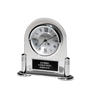 6 1/8" x 6" Desk Clock with Beveled Glass Upright, Silver Metal Base, 3 Hand Movement Black Plate