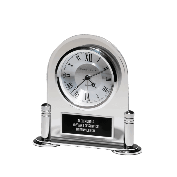 6 1/8" x 6" Desk Clock with Beveled Glass Upright, Silver Metal Base, 3 Hand Movement Black Plate