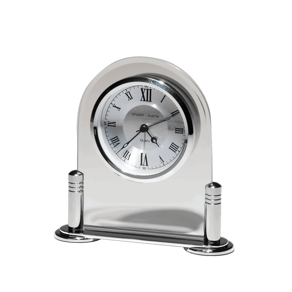 6 1/8" x 6" Desk Clock with Beveled Glass Upright, Silver Metal Base, 3 Hand Movement-No Black Plate
