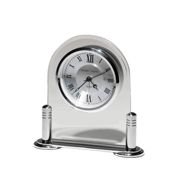 6 1/8" x 6" Desk Clock with Beveled Glass Upright, Silver Metal Base, 3 Hand Movement-No Black Plate