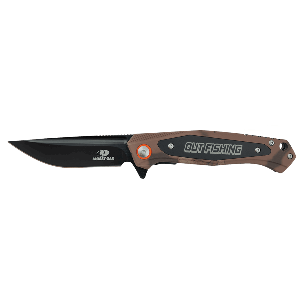 Bison River 4 1/2" Brown Camo Everyday Carry Knife with Laserable Black Anodized Aluminum Plate-Official Mossy Oak Country Roots Camo Pattern