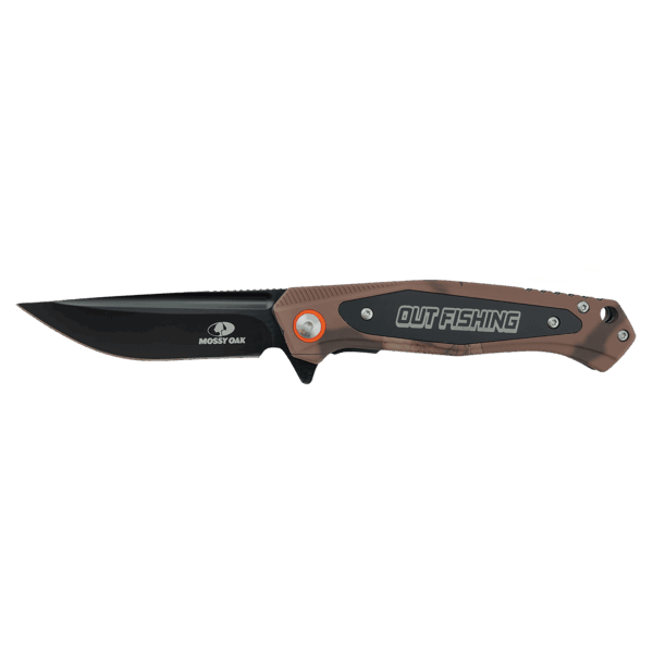 Bison River 4 1/2" Brown Camo Everyday Carry Knife with Laserable Black Anodized Aluminum Plate-Official Mossy Oak Country Roots Camo Pattern