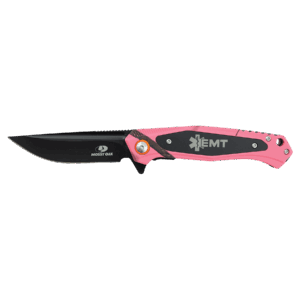Bison River 4 1/2" Pink Camo Everyday Carry Knife with Laserable Black Anodized Aluminum Plate- Official Mossy Oak Country Roots Pattern