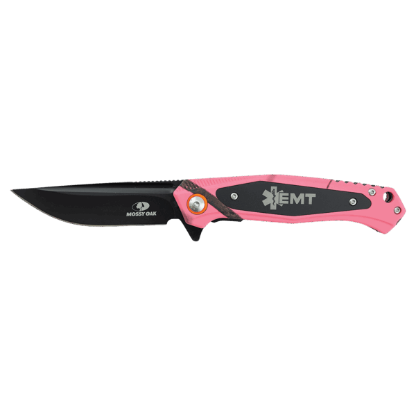 Bison River 4 1/2" Pink Camo Everyday Carry Knife with Laserable Black Anodized Aluminum Plate- Official Mossy Oak Country Roots Pattern