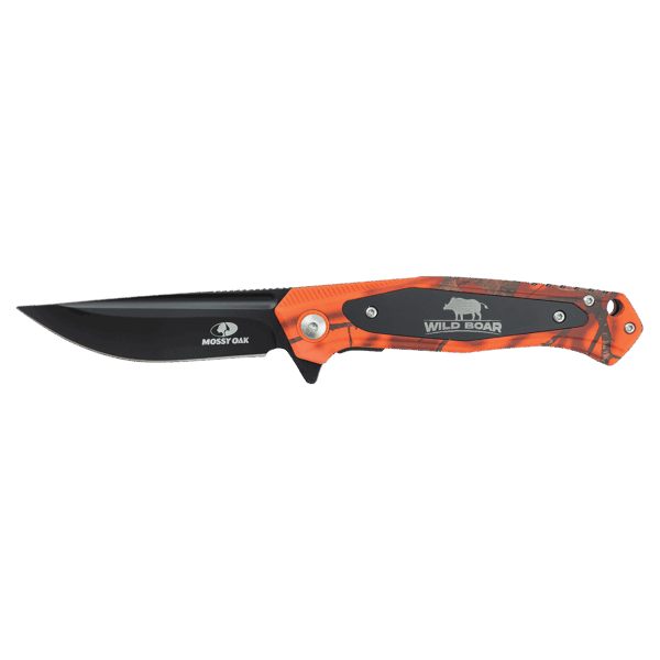 Bison River 4 1/2" Orange Camo Everyday Carry Knife with Laserable Black Anodized Aluminum Plate- Official Mossy Oak Country Roots Camo Pattern