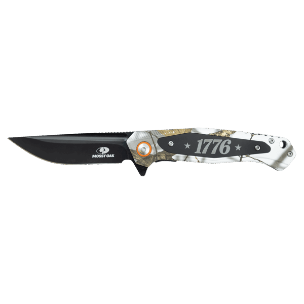 Bison River 4 1/2" White Camo Everyday Carry Knife with Laserable Black Anodized Aluminum Plate- Official Mossy Oak Country Roots Pattern