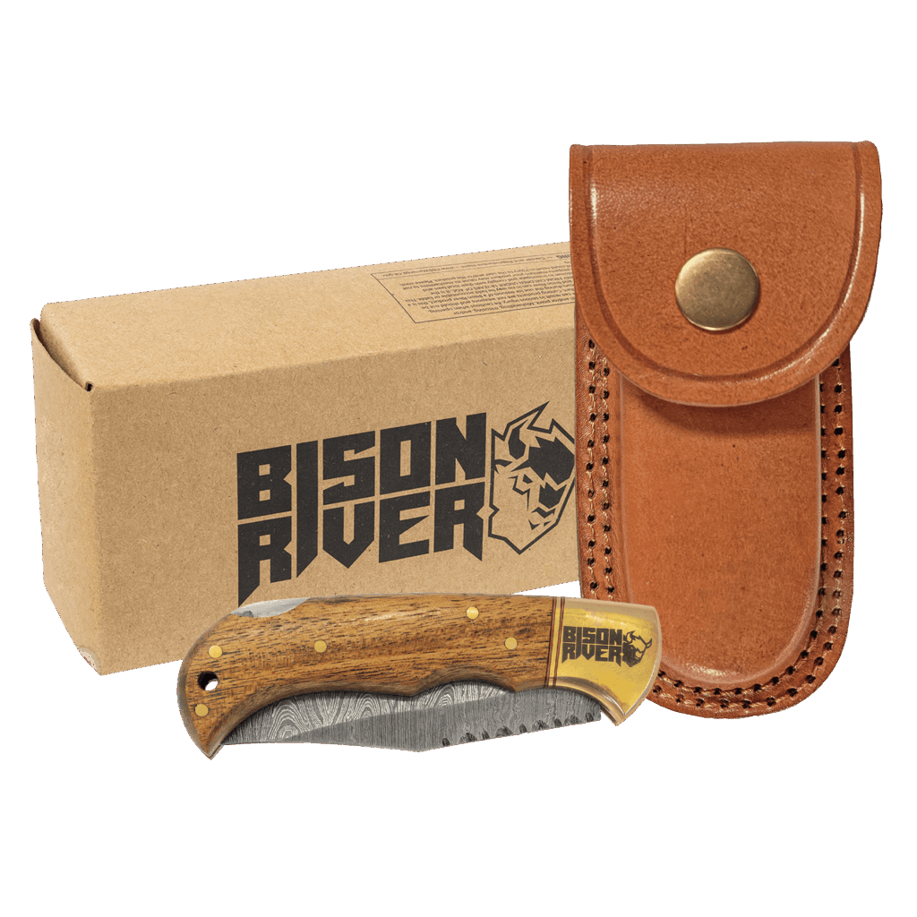 Bison River 3 3/4" Wood Folding Knife with Damascus Steel Blade and Leather Sheath