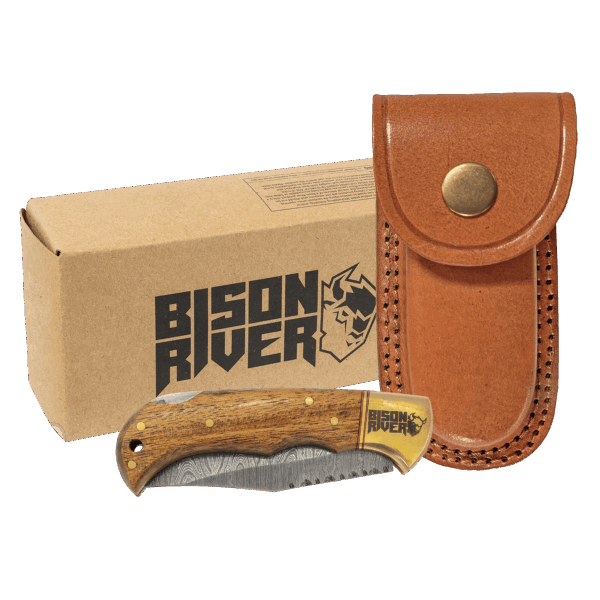 Bison River 3 3/4" Wood Folding Knife with Damascus Steel Blade and Leather Sheath