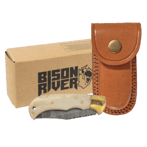 Bison River 3 3/4" Bone Folding Knife with Damascus Steel Blade and Leather Sheath