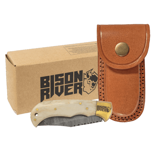 Bison River 3 3/4" Bone Folding Knife with Damascus Steel Blade and Leather Sheath