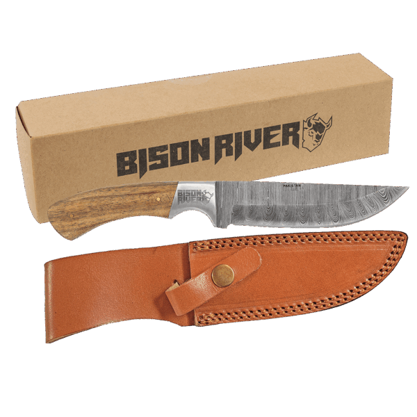 Bison River 9 1/2" Fixed Blade Wood Knife with Damascus Steel Blade and Leather Sheath