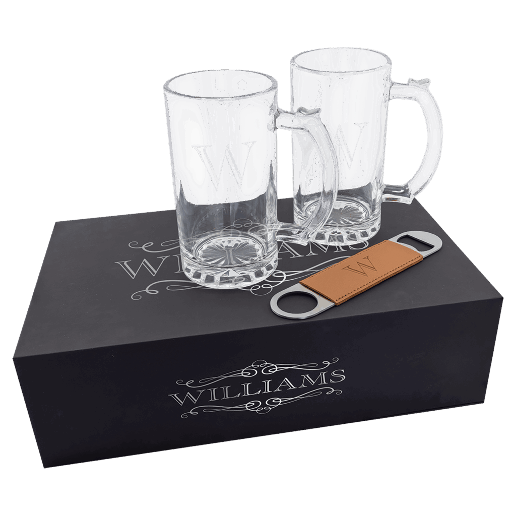 Lazerburst Beer Set with Two 14 oz. Mugs and One Rawhide Laserable Leatherette Bottle Opener