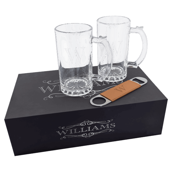 Lazerburst Beer Set with Two 14 oz. Mugs and One Rawhide Laserable Leatherette Bottle Opener