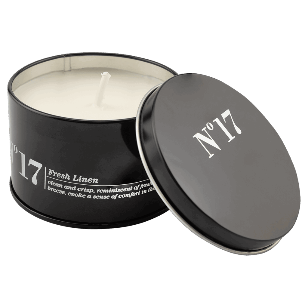 5.3 oz. Crisp Linen Candle in a Black Metal Tin