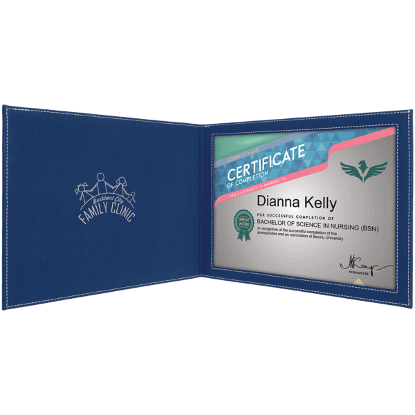 9" x 12" Blue/Silver Laserable Leatherette Certificate Holder for 8 1/2" x 11"
