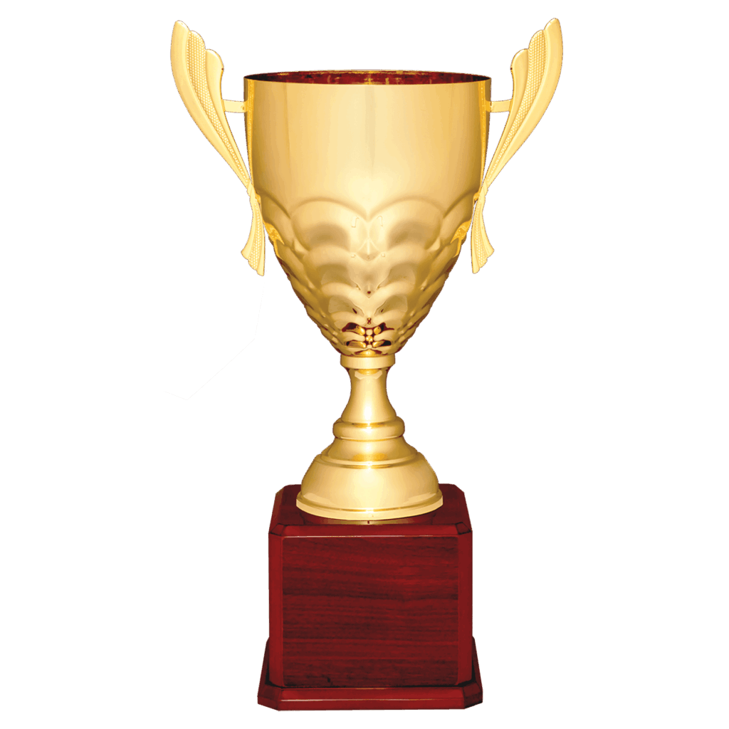 21" Gold Completed Metal Cup Trophy on Rosewood Royal Piano Finish Base