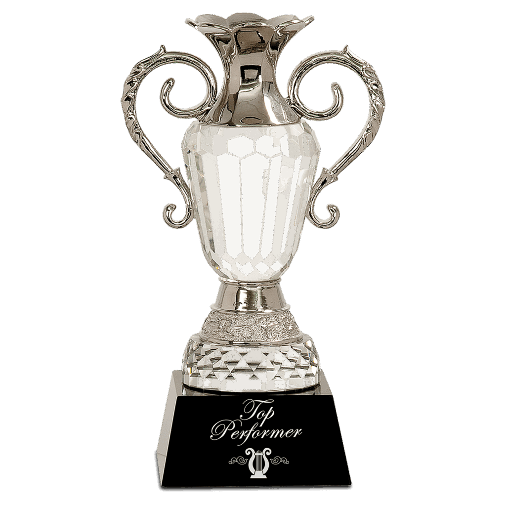 10" Crystal Cup with Silver Metal Handles on Black Pedestal Base