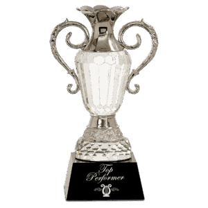 10" Crystal Cup with Silver Metal Handles on Black Pedestal Base