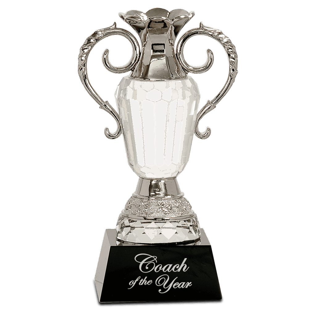 8" Crystal Cup with Silver Metal Handles on Black Pedestal Base