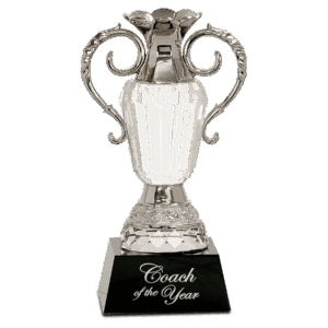 8" Crystal Cup with Silver Metal Handles on Black Pedestal Base