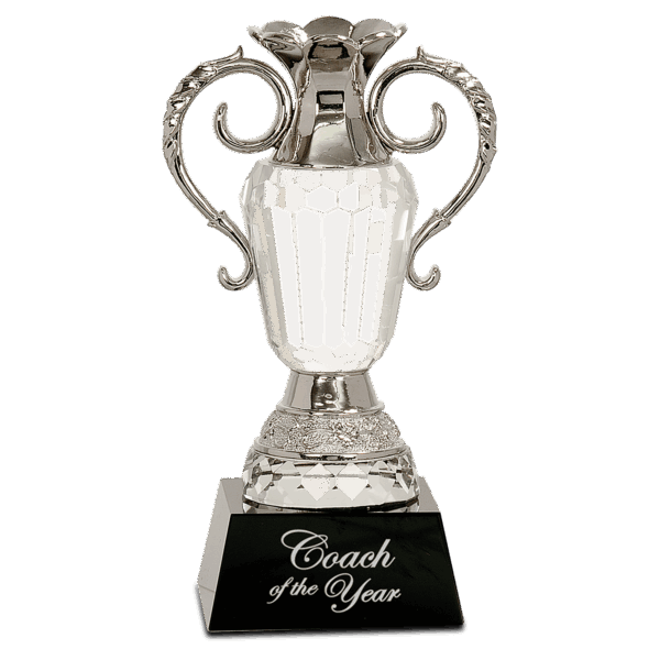 8" Crystal Cup with Silver Metal Handles on Black Pedestal Base
